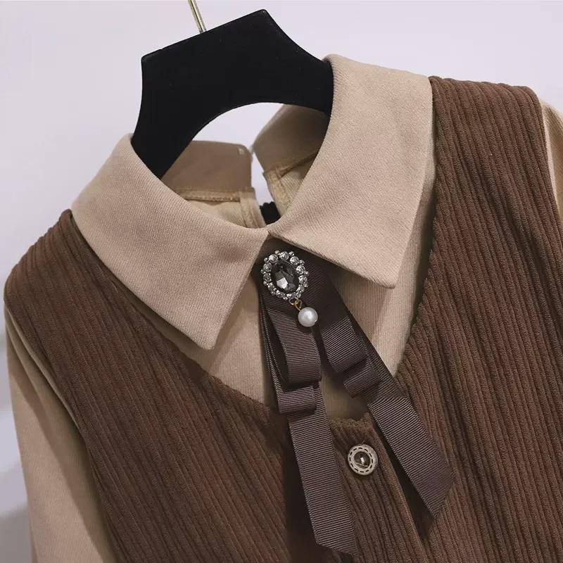 Autumn Retro College Style Long Sleeve Lapel Shirt Dress for Girls