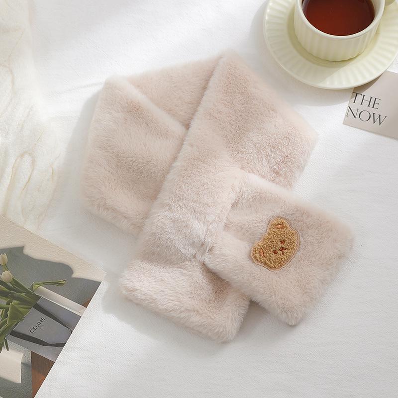 Women's Autumn Winter Cute Bear Plush Faux Mink Fur Scarf - Thick, Warm, Versatile Neck Warmer