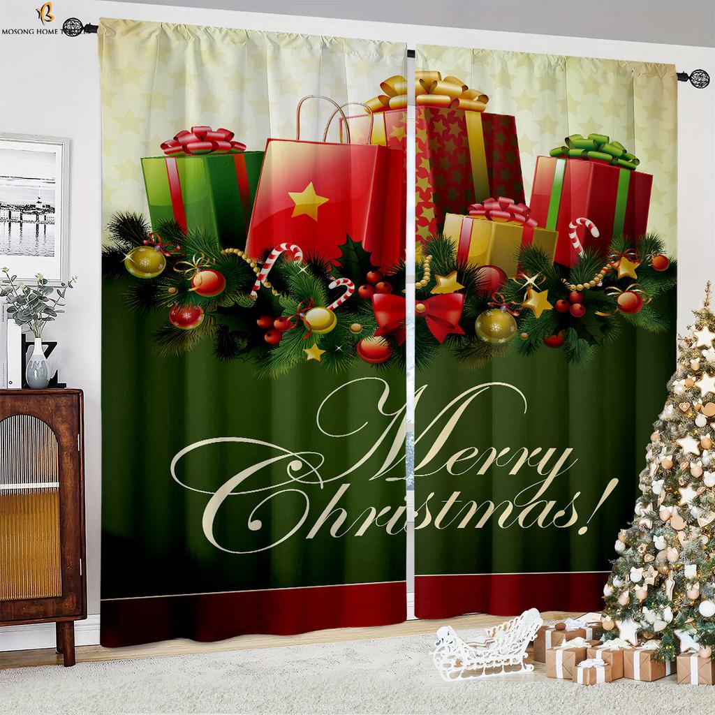 Weihnachtsbaum Schneemann Kamin Cartoon-Druck Vorhänge Geeignet für Schlafzimmer Restaurant Neujahrsparty Dekoration Vorhänge 2 Stück