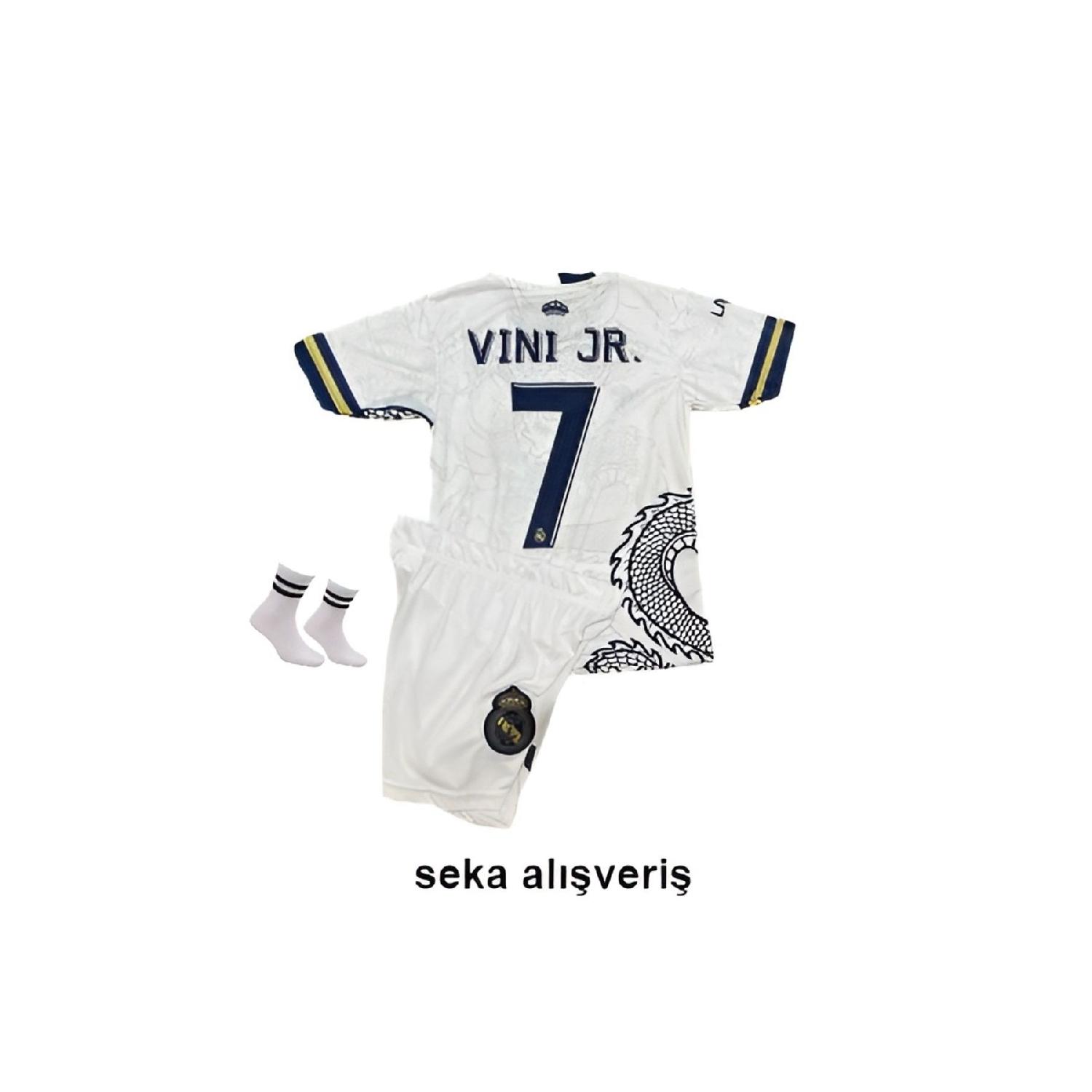 

Белый детский футбольный комплект Vinicius Jr Real Madrid нового сезона с драконом (джерси, шорты и носки)