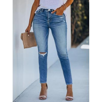 Women's Elastic High Waist Denim Slim Pants Breathable Vintage Print Casual Style for All Seasons with Hole Decoration