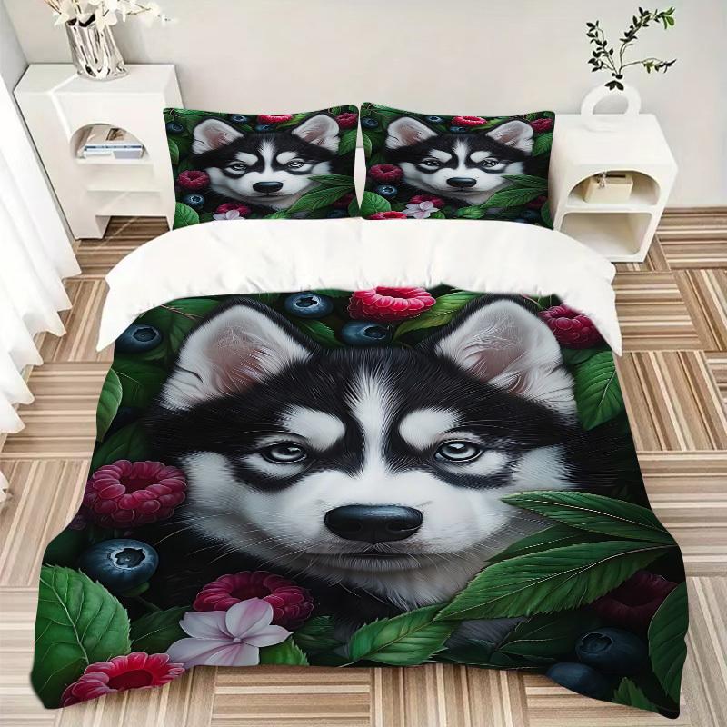 3pcs Husky and Flowers Duvet Cover Set -Includes 1 Duvet Cover and 2 Pillowcases, No Quilt Core, All-Season Home Decor yy251111104