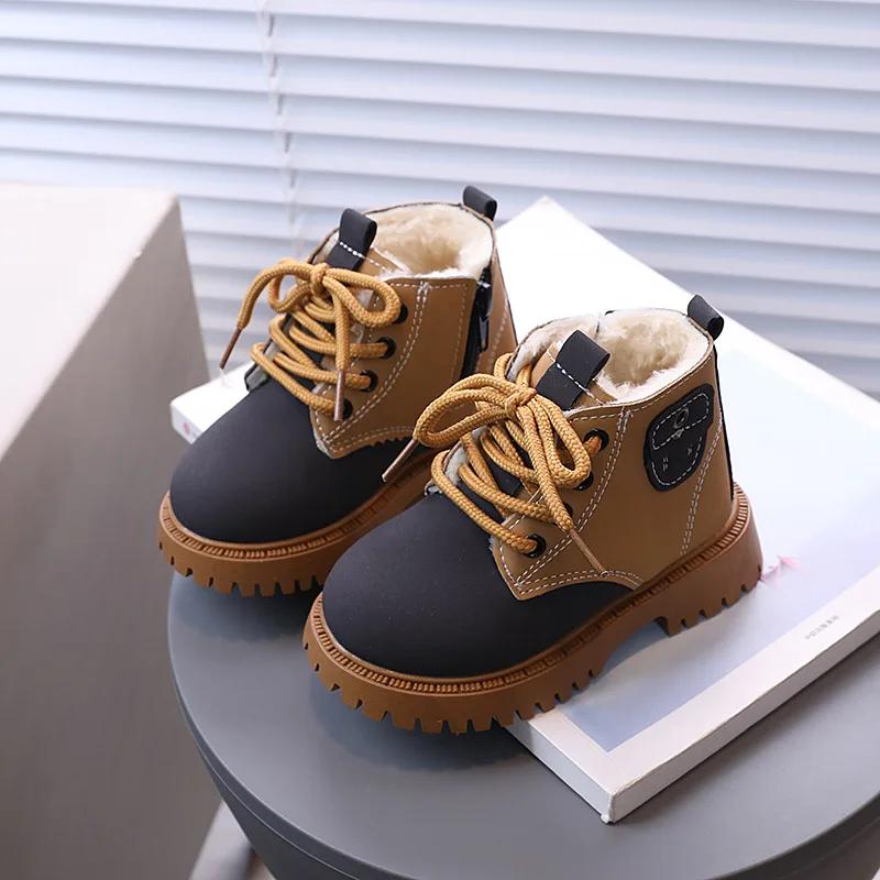 Children  Boots Winter Thickened Boys Girls Anti Slip Warm Leather Boots Side Zipper Solid Color Kids Casual Shoes I01291