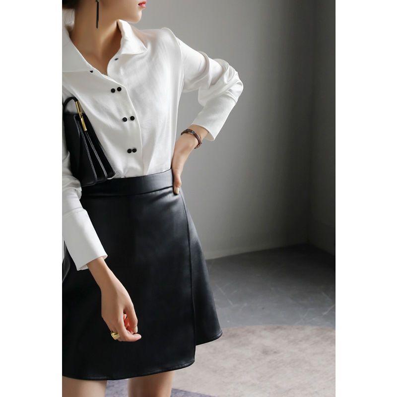 High-Waisted PU Leather A-Line Mini Skirt, Body-Hugging Skirt, Spring/Fall Women's Slit Skirt