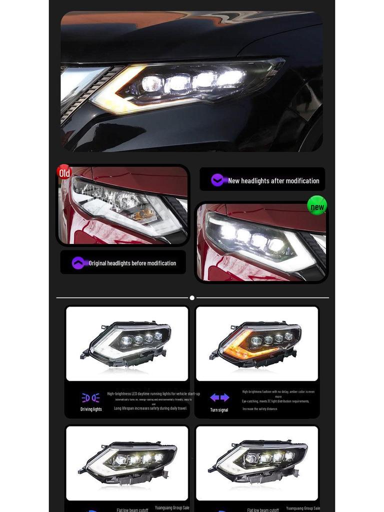 LED Crystal Projector Headlight Assembly for 17-22 Nissan X-Trail: DRL & Flowing Turn Signals