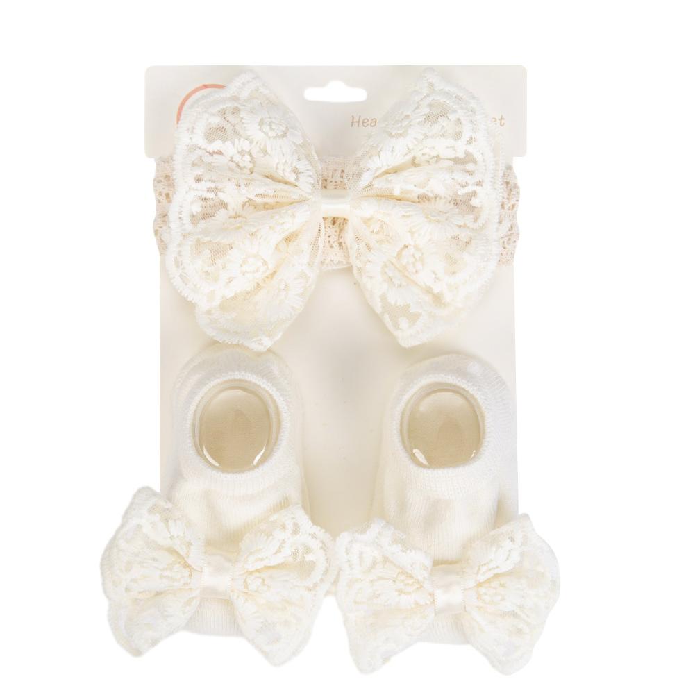 

3Pcs/Set Cream Lace Baby Headbands&Socks Newborn Princess Girls Wide Rhinstone Pearl Eastic Hairbands Kids Headwear Po Props 0-12M