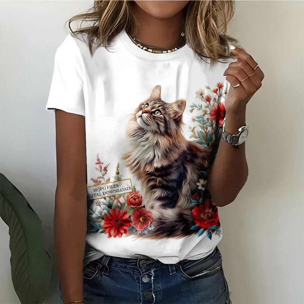 Cute Cat Dandelion T-Shirts Dog Animal 3D Print Women's Round Neck Short Sleeve T Shirt Tees Harajuku Y2K Tops Female Clothing