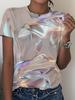 Luxurious Glitter Feather Print In Gold, Pink, and Blue-green Tones - Stunning and Eye-catching Style, Women's Short Sleeved T-shirt