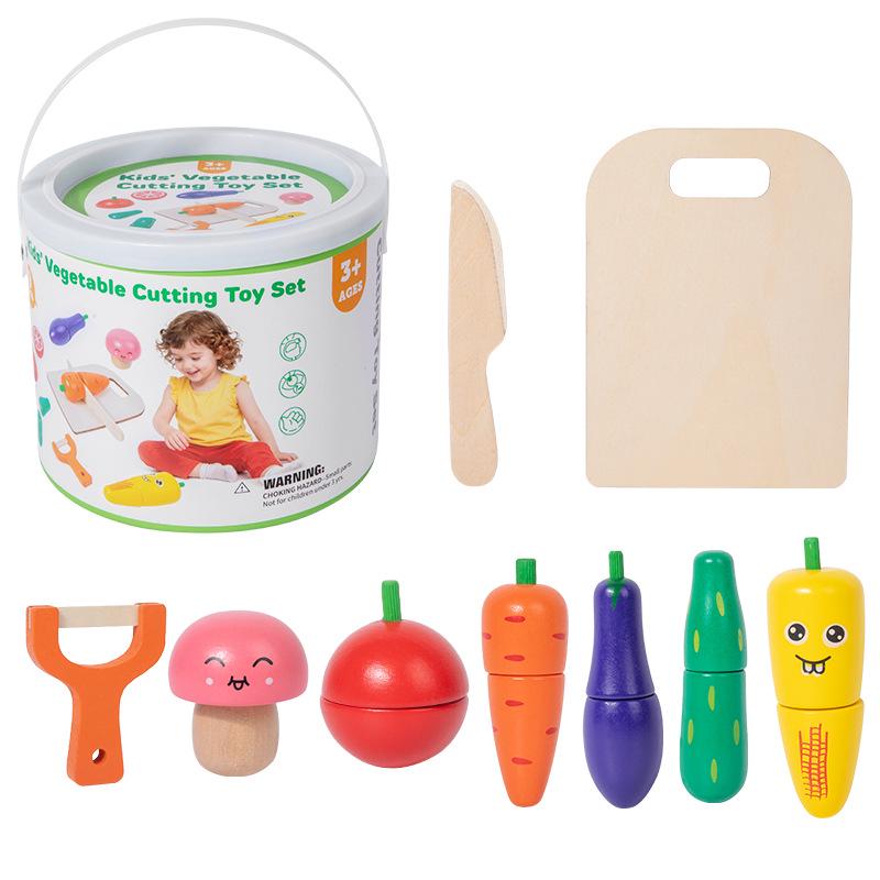 Kids Wooden Fruit Cutting Toy Set - Educational Role-Play Kitchen Bucket