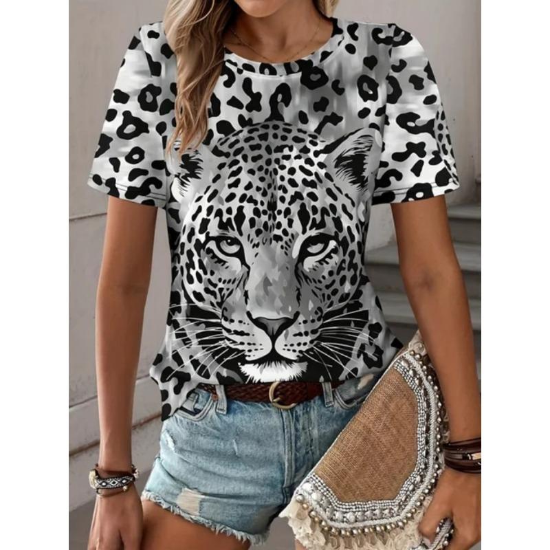 Sommer Casual Damen 3D Leopardenmuster Herz bedrucktes T-Shirt Damen Kurzarm Oberteil City Street Fashion Damen T-Shirt