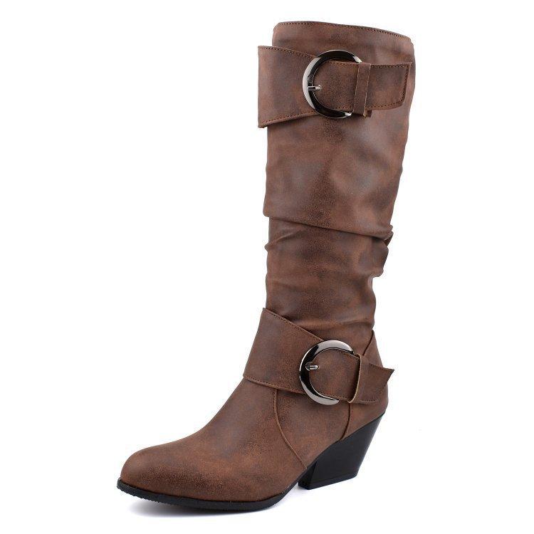 Autumn and winter new wind leather high boots medium heel but knee thick heel knight boots large size boots women