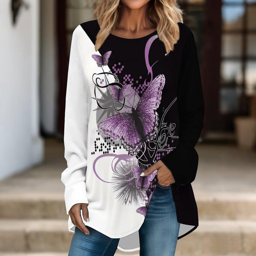 Women Long Sleeve Tunic Top Print Crew Neck Loose Fit Blouse With Pockets Casual Daily Wear Ladies Tops