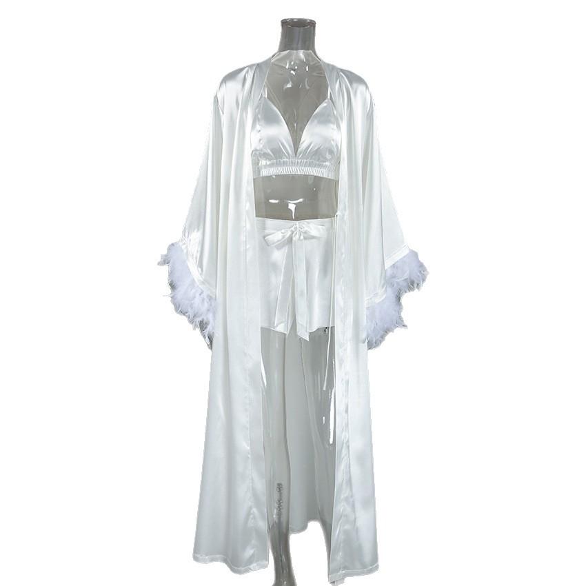 1011 European and American imitation silk high-end feather robe underwear shorts pajamas women's autumn and winter three-piece loungewear women's