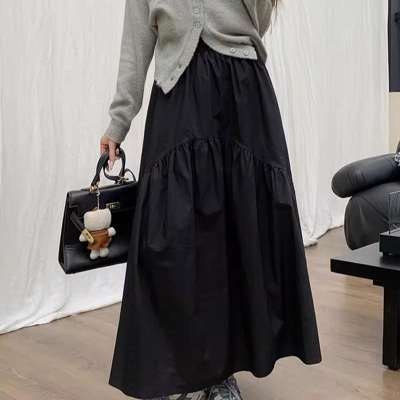 Spring New Elastic High Waist Fashion Loose Long Skirts Women Pleated Patchwork Summer A-line Skirt Female Elegant Temperament Simple Lady Skirt 26290