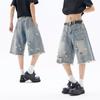 American Retro Washed Ripped Rough Edge Jeans Shorts Men's Summer New Loose and Thin Wide-leg Pants