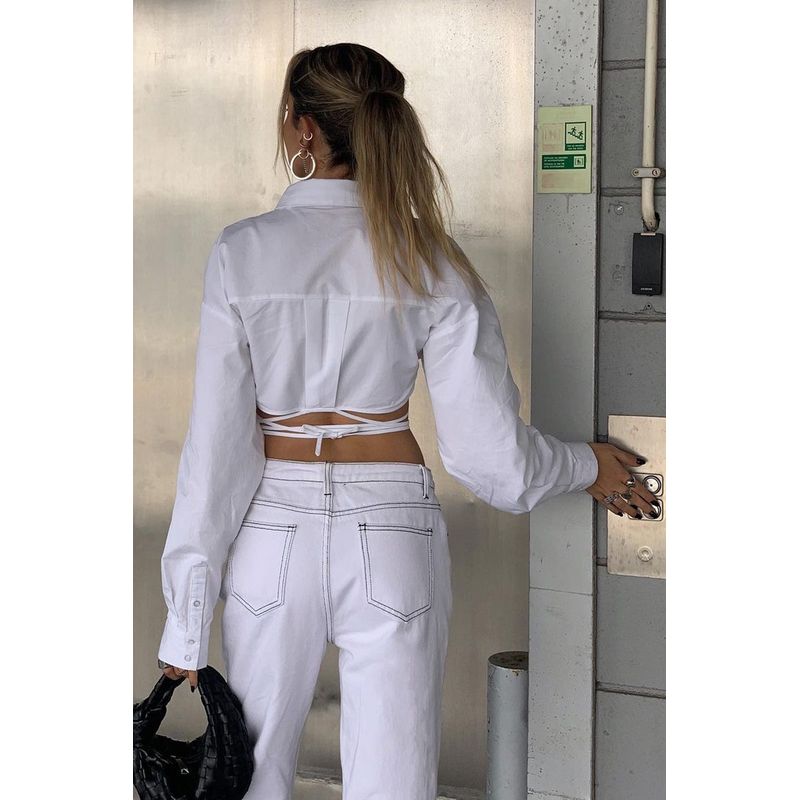 

White Pure Cotton Shirt Women s Stylish Niche Style 2025 Summer French Retro Lace up Lace-up Short Pure Color Shirt Sexy White Short Shirt with Long Belt at Waist M