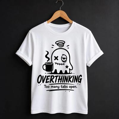 Overthinking Ghost T-shirt, Funny Coffee T-shirt, Neutral Pattern T-shirt, Handmade In The UK, Halloween Gothic-style Ghost Gift