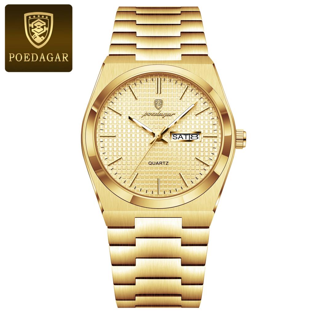 POEDAGAR Top Luxury Man Watch Waterproof Stainless Steel Men Wristwatch Luminous Date Week Fashion Business Quartz Men's Watches