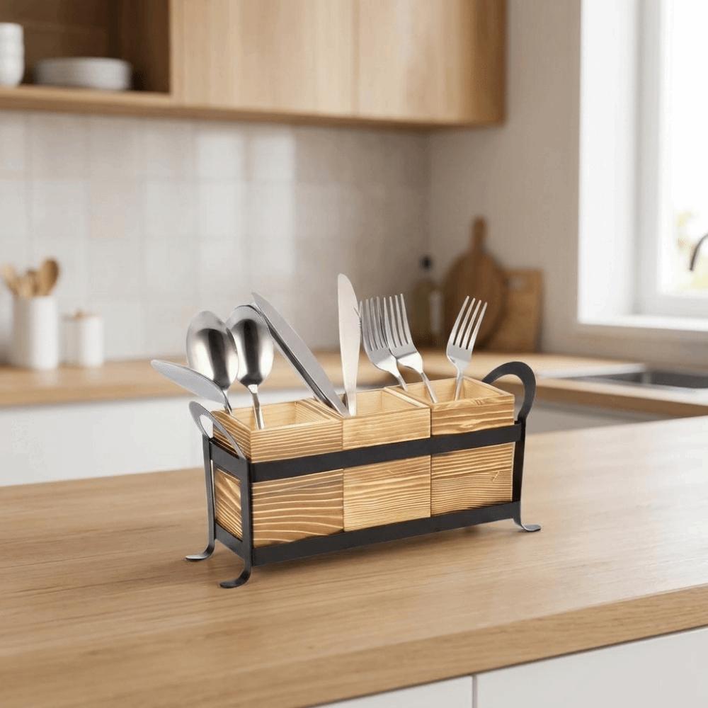 Großer Kapazität 3 Fächer Besteckhalter Holz Besteck Organizer für Küche