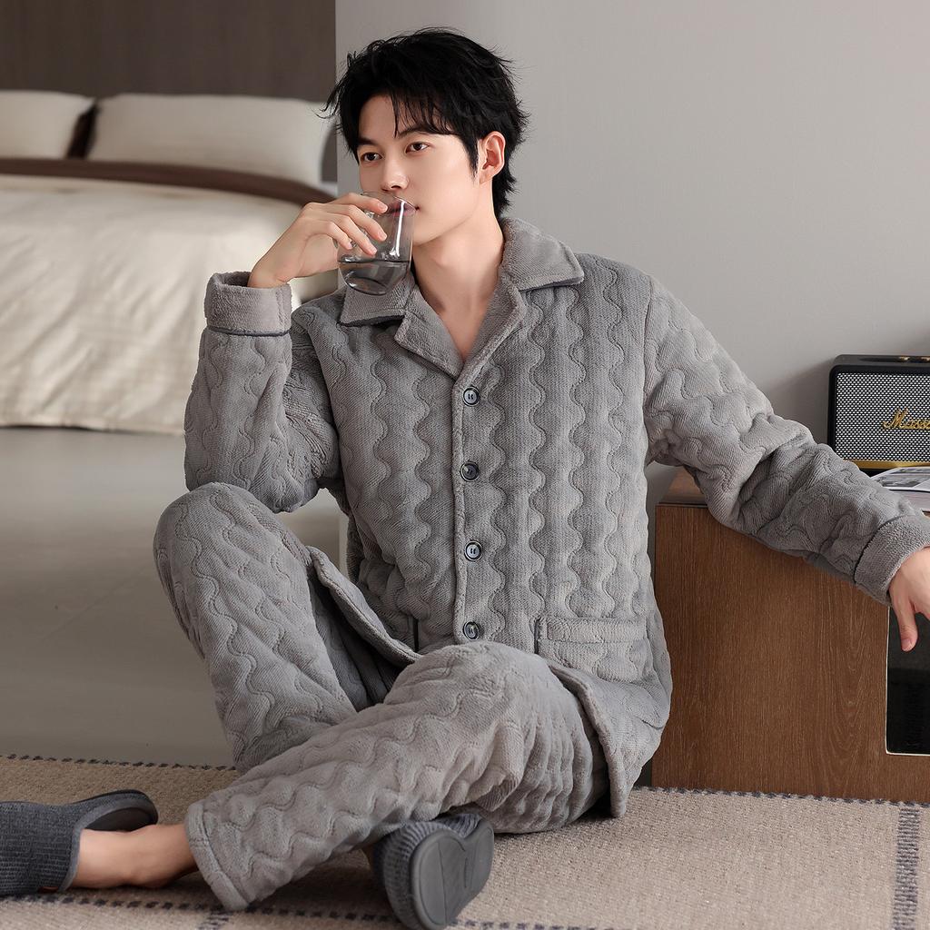 Winter padded pajamas men's thickened coral fleece three-layer warm homewear winter super thick can be worn outside large size padded jacket