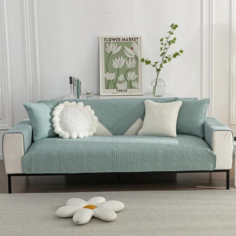 Pure Cotton Universal for All Seasons Sofa Cover Anti-slip Backside Cushion  Living Room Solid Color Stitch Fabric Art Couch Mat