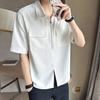 Men Summer Cargo Shirt Half Zipper Split Hem Chest Pockets Short Sleeve Turn-down Collar Loose Solid Color Pullover Streetwear Men Daily Top
