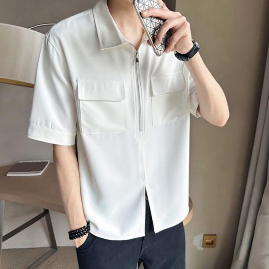 Men Summer Cargo Shirt Half Zipper Split Hem Chest Pockets Short Sleeve Turn-down Collar Loose Solid Color Pullover Streetwear Men Daily Top