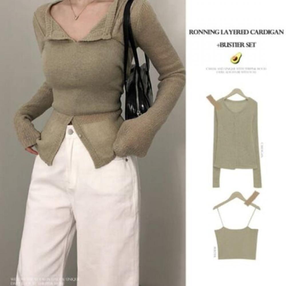 The Pink Women Roneng Layered Knit Cardigan + Knit Bustier Set