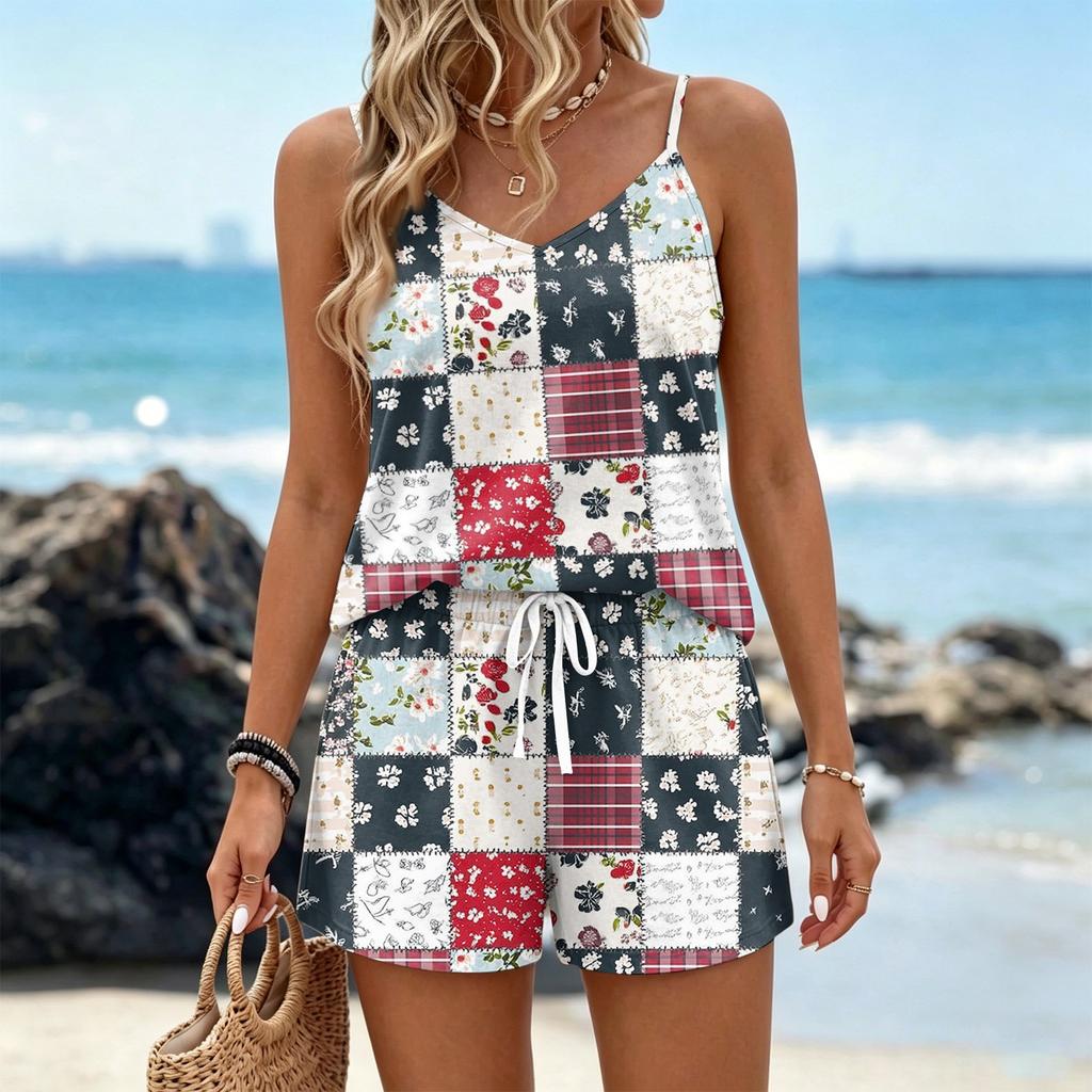Women's Summer Casual Two Piece Set Sleeveless Square Neck Tank Top with Pockets and Matching Shorts Lightweight Comfortable Outfit