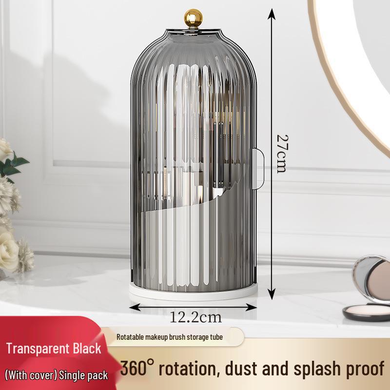 Birdcage Rotating Makeup Brush Holder with Dustproof Compartments for Desktop Cosmetics and Pen Storage