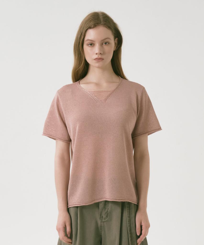 OCCUR Cooling Linen Lyocell Blended V-Neck Short Sleeve Knit, Indie Pink