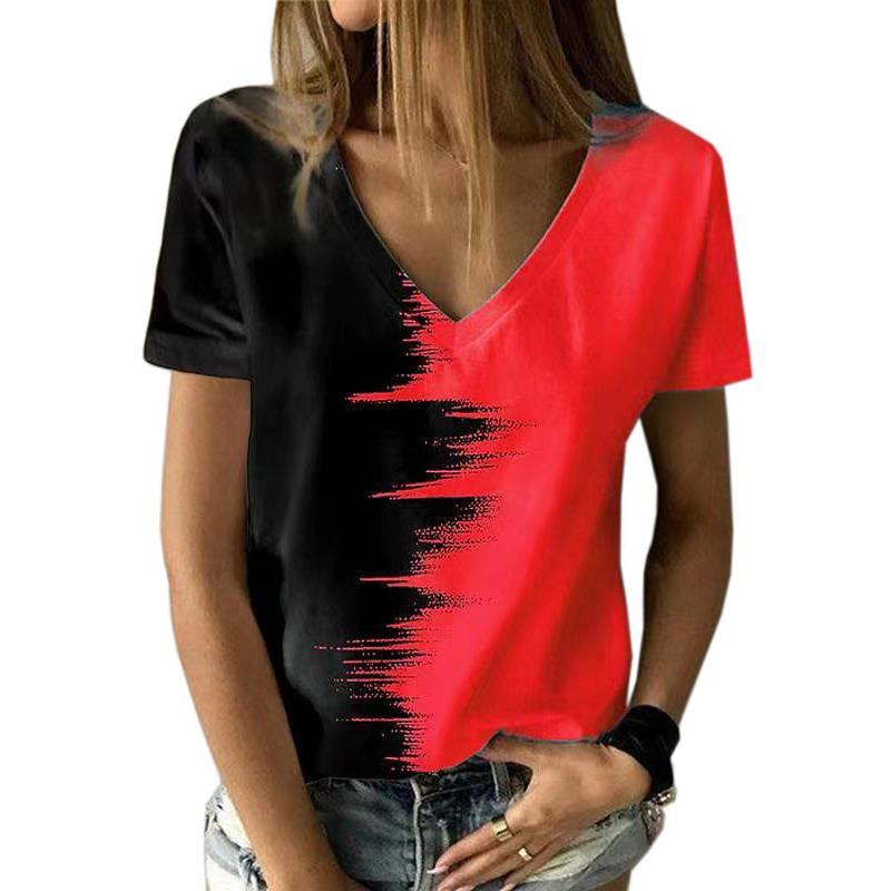 Damen T-Shirt mit Grün Blau Rosa Druck Kurzärmlig Lässig V-Ausschnitt Abstrakt 3D Gedrucktes Malerei T-Shirt