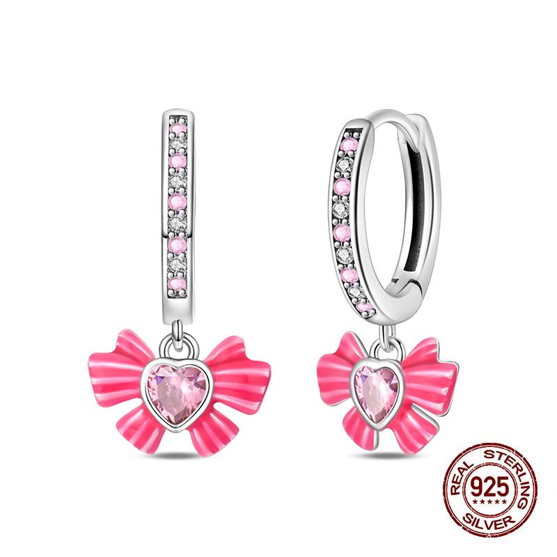 New Earring For Women 925 Silver Sparkling Cordate Zircon Pink Bow Princess Double Hoop Earrings Luxury Festival Party Jewelry