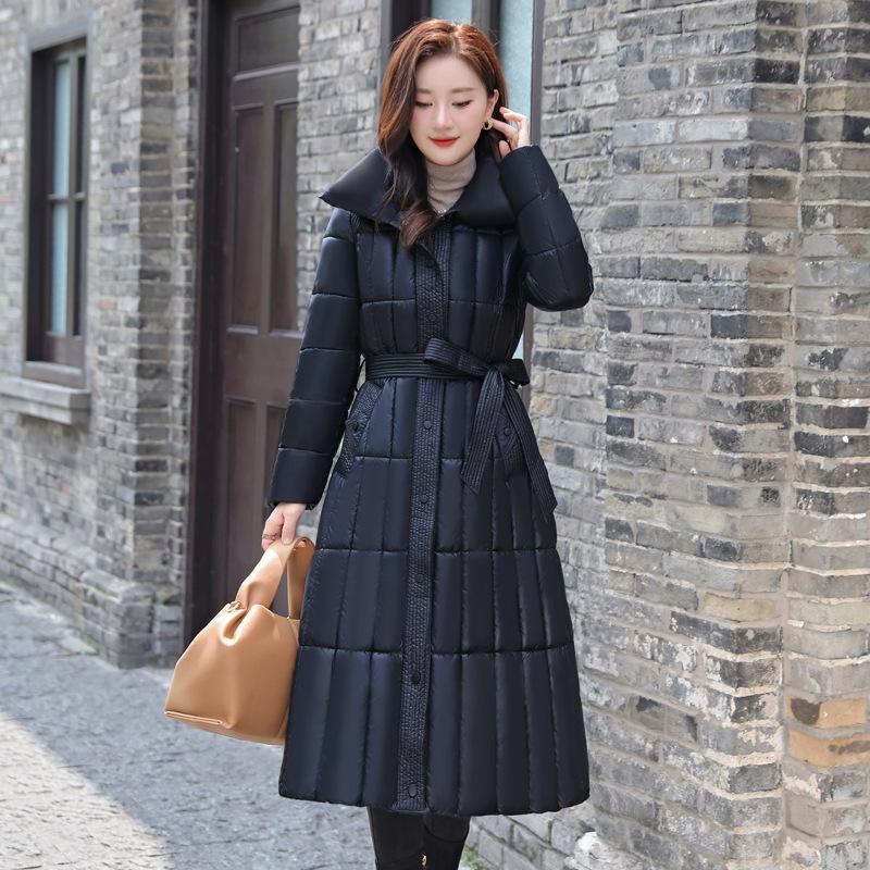 Long over-knee glossy loose down cotton clothes medium and long winter new hooded jacket