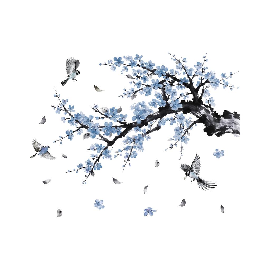 Ink Wash Peach Blossom Branch Bird Wall Sticker Removable Living Room Sofa Kids Room Background Decor