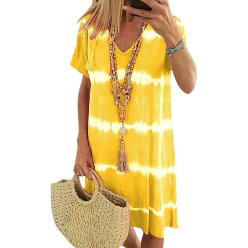 Women s V Neck Short Sleeve Striped Tie Dye Print A-Line Midi Casual Dress S