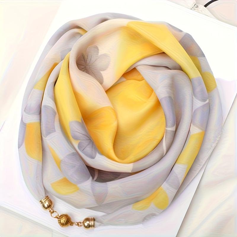 Luxe Magnetische Gesp Chiffon Zijde Sjaal Dames Print Nekbeschermer Vierkante Sjaal Voor Zomer Zonbescherming Modieuze Sjaals One Size