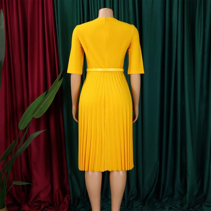 Women Plus Size V Neck Solid Color Short Sleeve High Waist Pleated A Line Dress