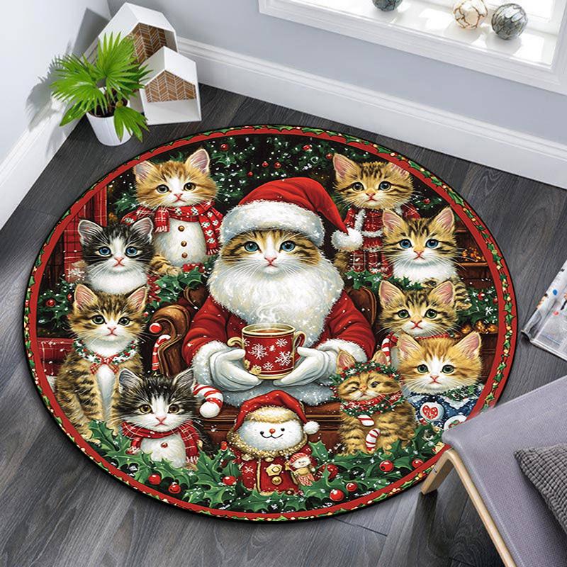 Cats and Santa Claus Round Area Rug,Carpet Rug for Living Room Bedroom Sofa Playroom Decor,Non-slip Floor Mat