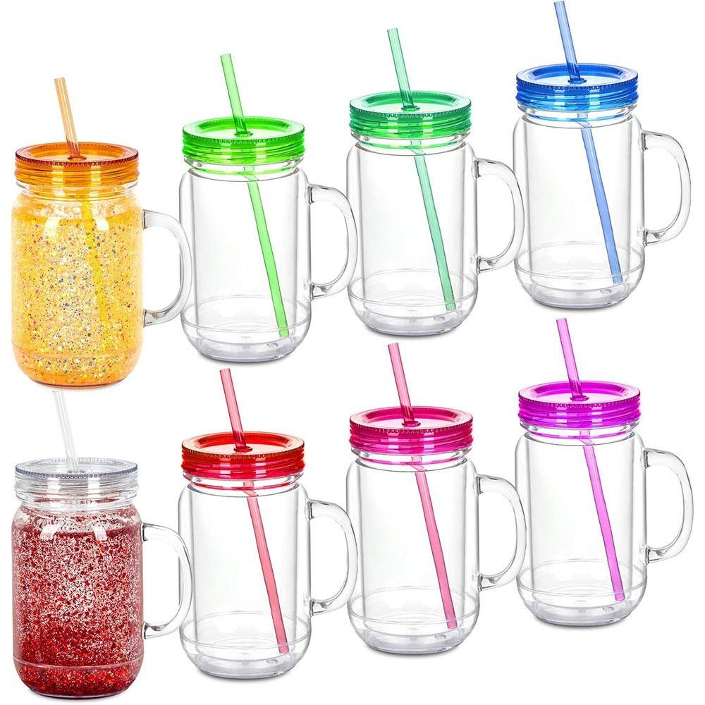 NEW 20 Oz Capacity Snowglobe Tumbler Pre Drilled Hole Clear Snow Globe Cups Double Wall Plastic Mason Jars Gift