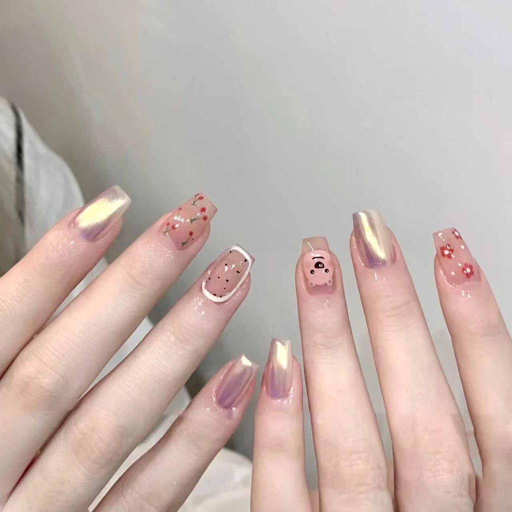 Handmade Nail Art Finished Fake Nail Patch Japanese Style Xiaoxiangfeng Hand-painted Pink Cute Bear