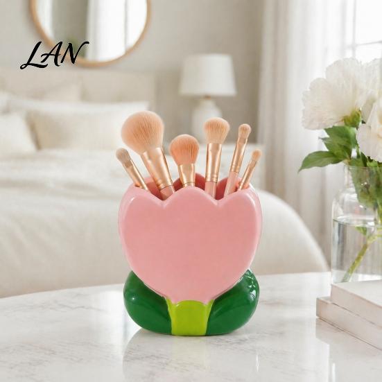 Desktop Storage for Eyebrow Pencils Tulip Makeup Brush Holder, Resin Cosmetic Organizer Vanity Desk, Cute Flower Pen Decorative Bud Container