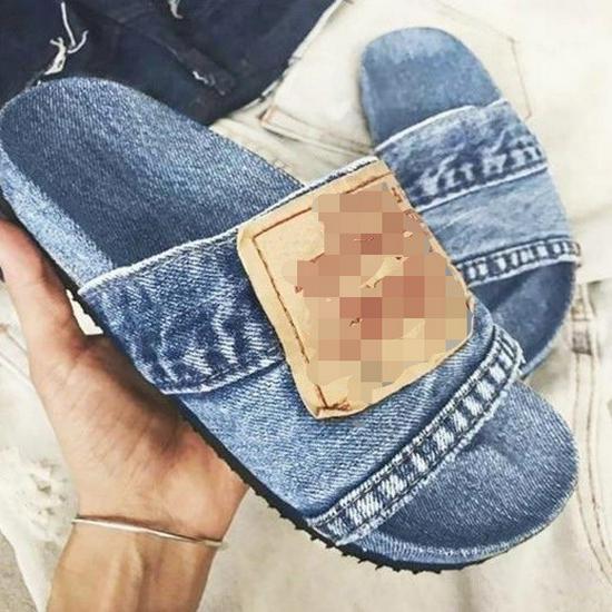 Plus Size Denim Slippers 2021: Women's Solid Color Single Strap Flat Sandals for Summer.
