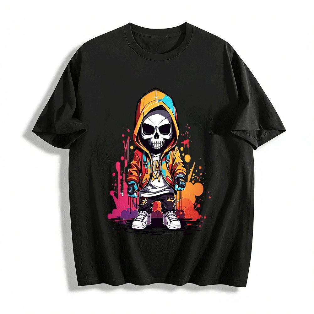 Trendy Skull Hoodie Graffiti Style Street Fashion Graphic Casual Top Pure cotton T-shirt XXS