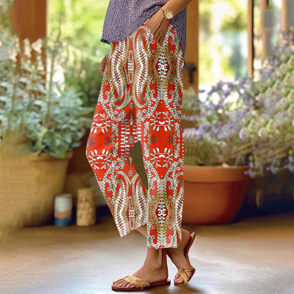 Women's Fashionable Floral Print Straight Leg Pocket Elastic Waist Casual Pants Pants