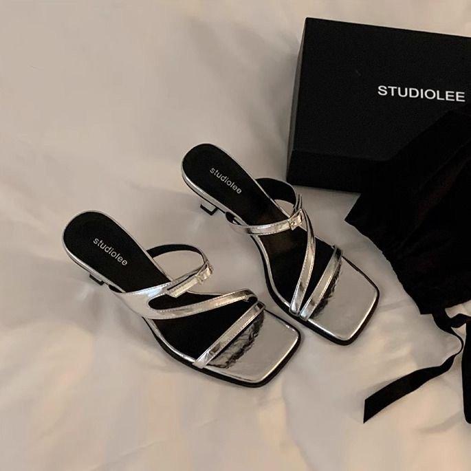 Grape Mother Summer New Temperament Square Head Open Toe Thin Belt French Word Belt High Heels Versatile Sandals Women's Summer