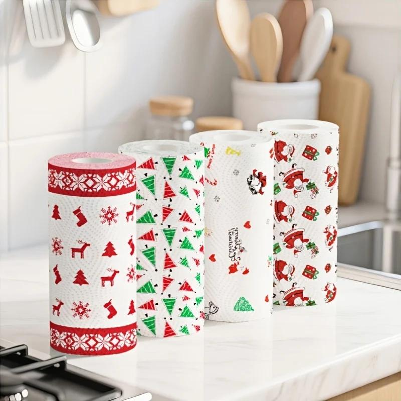 Christmas Kitchen Paper,Three-layer Thick Roll Paper,Disposable Kitchen Cleaning Cloth,Dry and Wet Dual-use Household Roll Paper