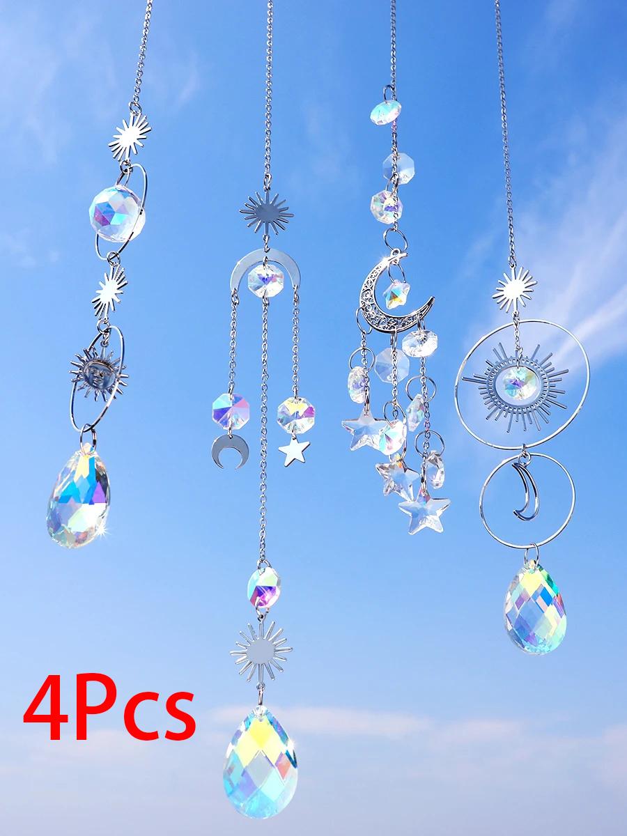 

4 Pcs Silver Metal Boho Dreamcatcher Crystal Pendant Hanging Sun Catcher Crystal Suncatcher Garden Outdoor Decors Girl s Gifts