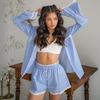 Striped printed lace edge long-sleeved shorts pajamas women's suit autumn new loungewear can be worn outside