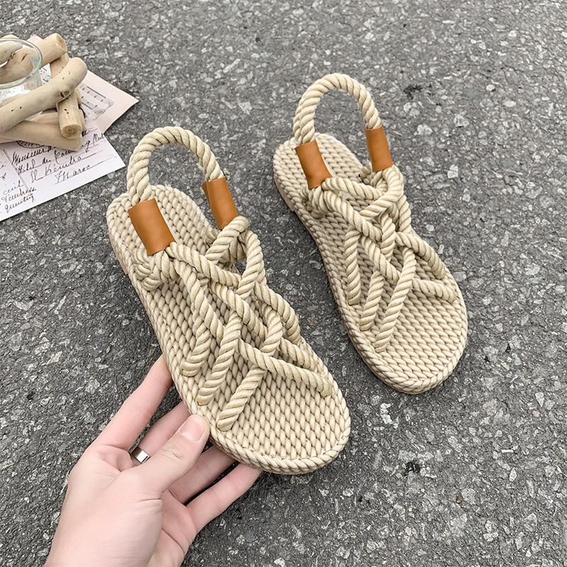 European and American hemp rope sandals woven Roman beach sandals flat bottom